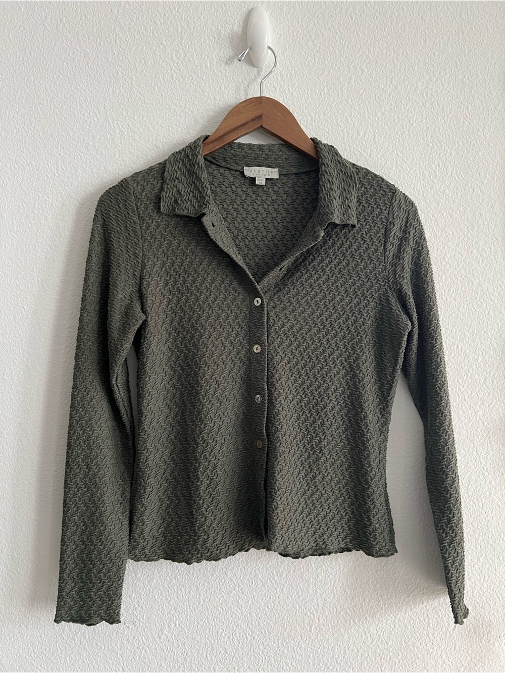 Status Olive Green Textured Long-Sleeve Button Front Top
